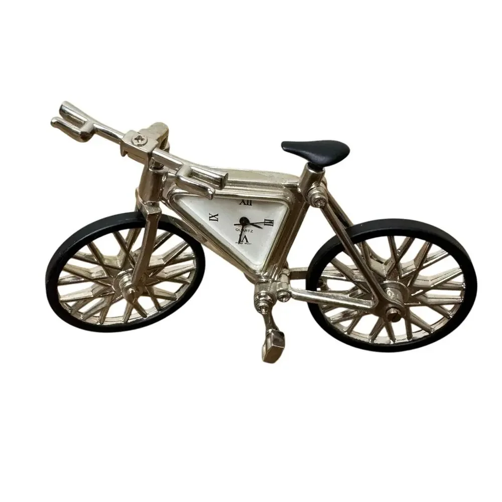 Vintage Miniature Desk Clock Quartz Silver / Black Bicycle Bike Standing Decor